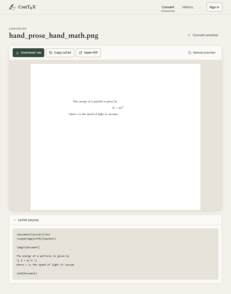 The ConTeX result page for a converted handwritten page: download, copy and open-PDF buttons, the compiled PDF preview showing the sentence and the equation E = mc², and the LaTeX source panel underneath.