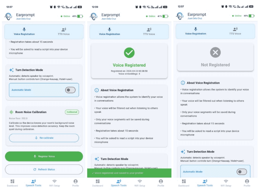 Three phone screens of the EarPrompt app’s Speech Tools tab: turn-detection mode and room-noise calibration, a 'Voice Registered' confirmation showing four voice embeddings, and the 'Not Registered' state with an explanation of voice registration.