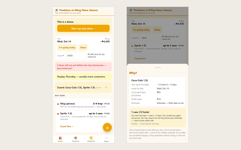 Two TindaBot screens from the demo store. Left: the next supplier trip on Wednesday with about ₱4,450 to bring, ₱1,040 short of the owner’s budget, and a buy-now list. Right: the "Why?" sheet for Coca-Cola 1.5L, explaining the estimate from how often the owner buys it and saying it doesn’t know what’s left on the shelf.