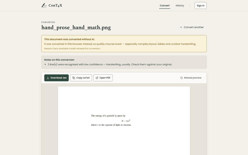 A ConTeX result converted without AI: a notice reads 'This document was converted without AI. It was converted in this browser instead, so quality may be lower', with notes that two lines were recognised with low confidence, above the compiled preview.